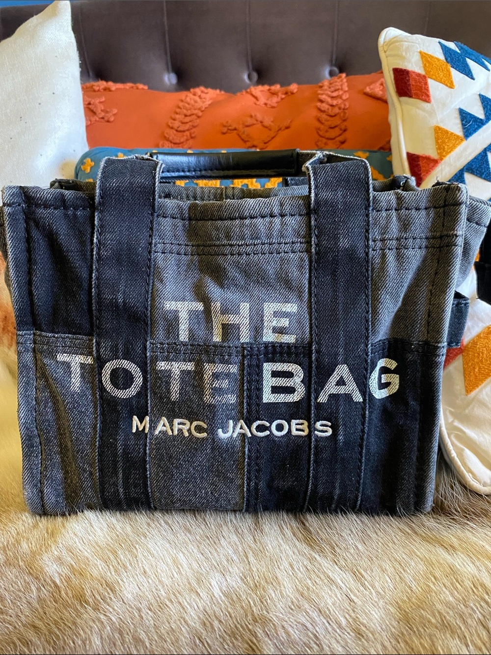 Marc Jacobs Black Denim Tote Bag with White Logo